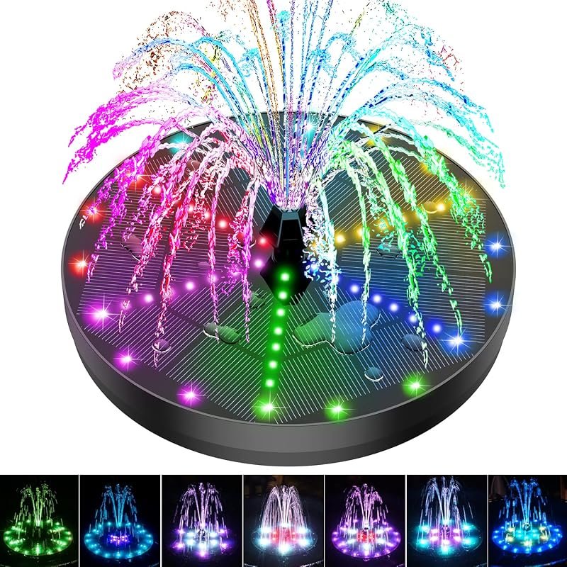 Solar Bird Bath Fountains Upgraded: 4W Solar Pump with 4000 Battery, 7 Nozzles, 4 Fixers, LED Lights