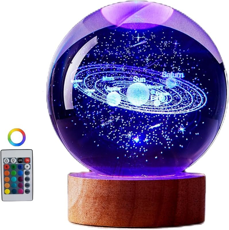 3.15‑inch Solar System Crystal Ball Night Light, K9 Glass, Wooden Base
