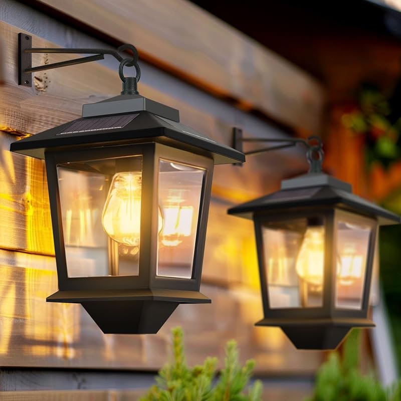 PASAMIC 2‑Pack Solar Wall Lanterns – Hanging Lights, Dusk‑to‑Dawn LED,