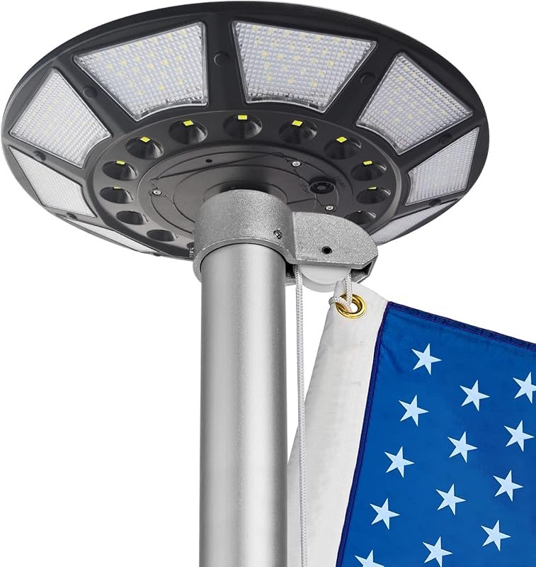 566‑LED solar flagpole light produces 6000 lumens, 20‑hour operation, 