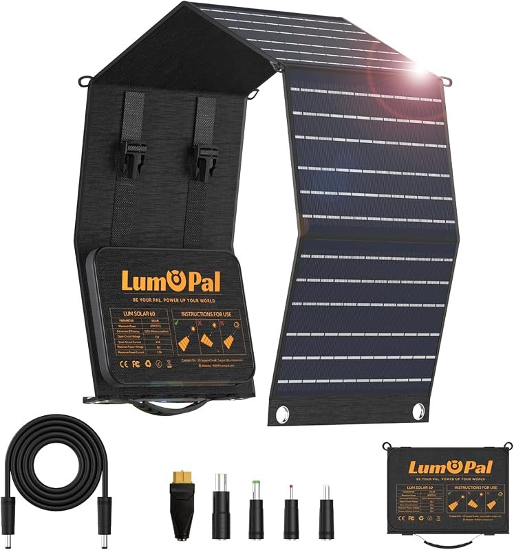 LUMOPAL 60W Foldable Solar Panel Charger for Camping, Outdoor Use, and