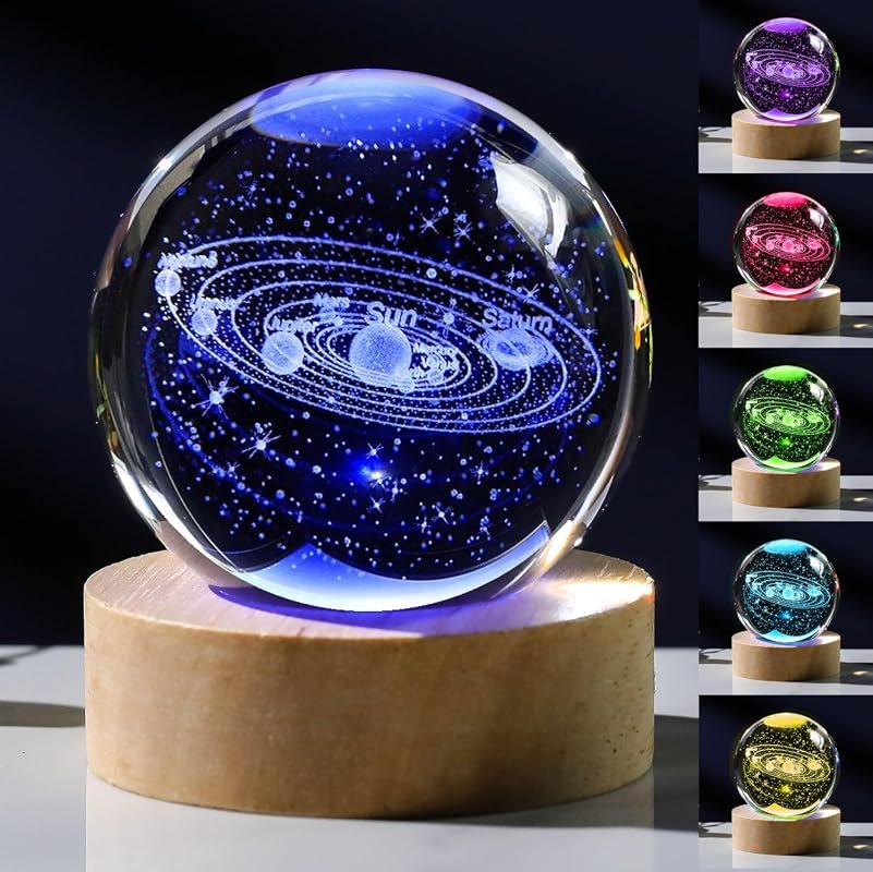 3D Solar System Crystal Ball with Touch‑Activated LED Colors, Wooden B