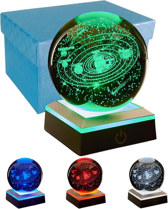 3D Solar System Crystal Ball Lamp, 3.15‑inch Glass, Touch Base LED Col