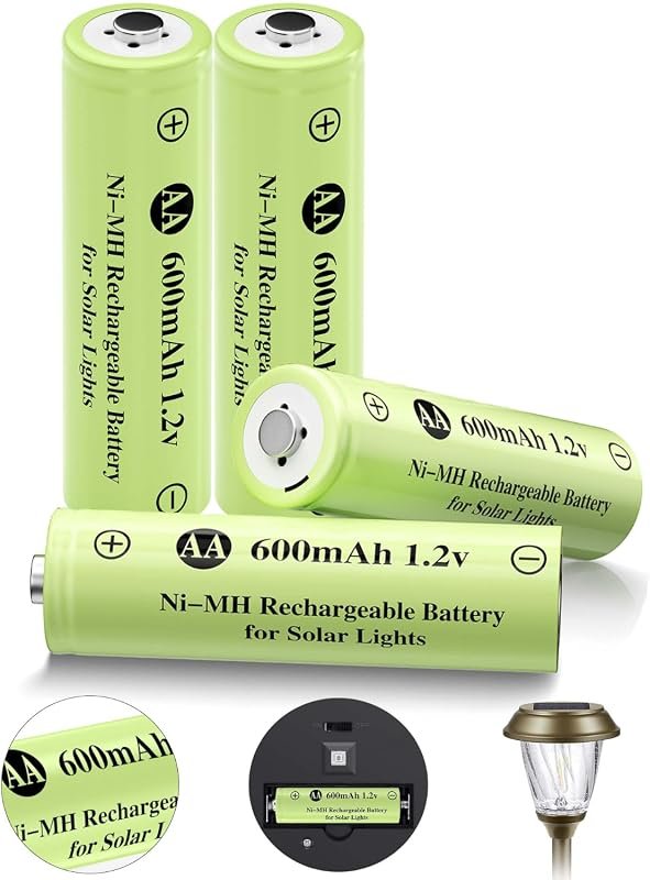 Ni-MH AA 600mAh 1.2V Rechargeable Solar Batteries, 4-Pack for Outdoor Lights and Holiday Lighting