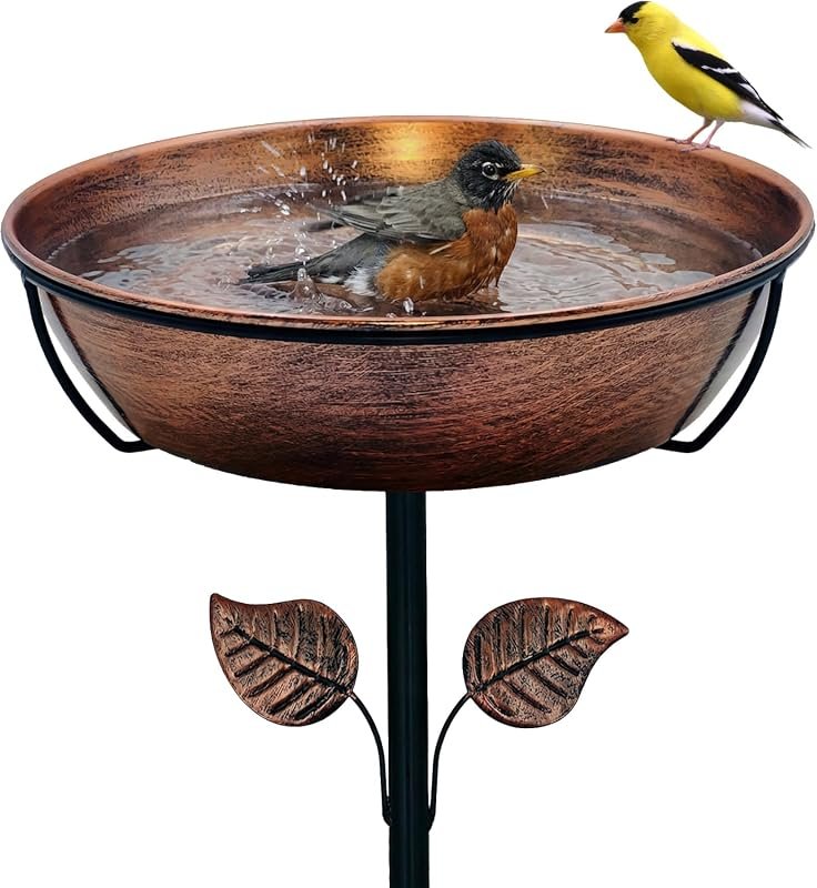 13‑inch metal bird bath with 3‑inch deep removable bowl and sturdy ground stake
