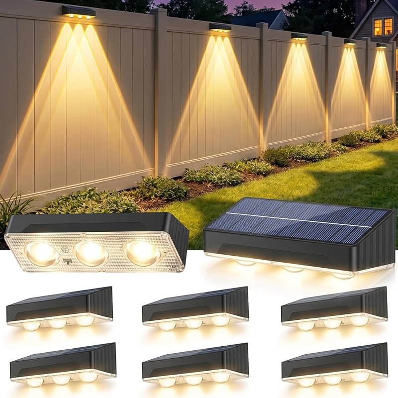 Solar Fence Lights Outdoor 8 Pack Waterproof Upgraded Brightness 3 LED