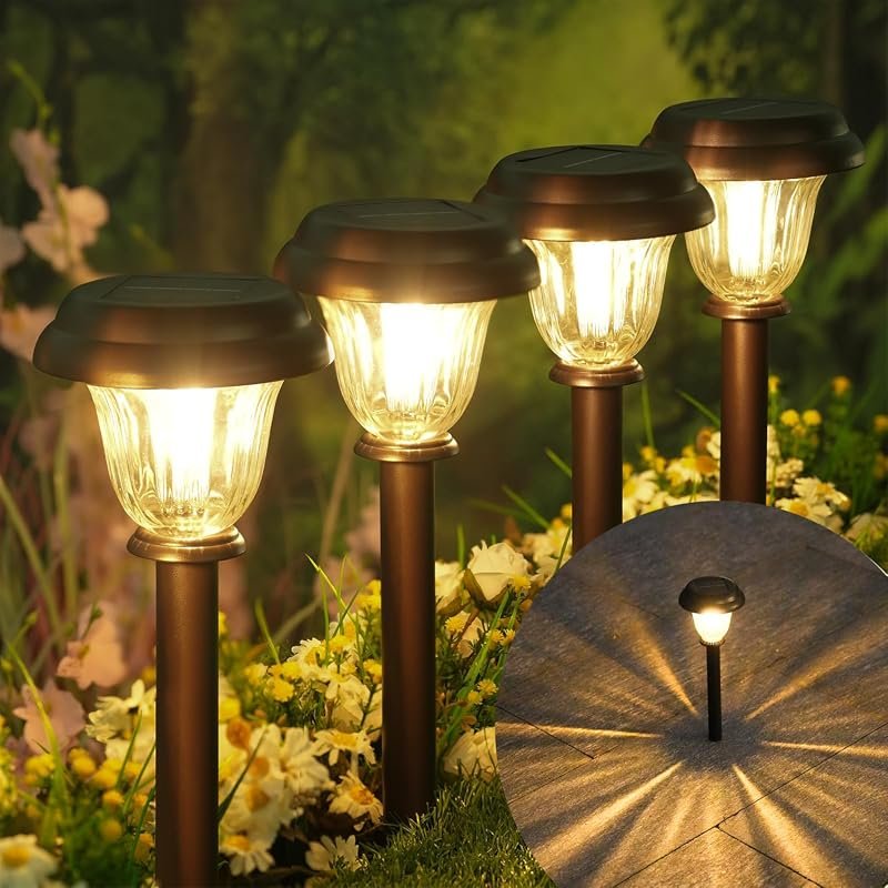DERAYSION 8‑Pack Stainless Steel Glass Solar Pathway Lights – Warm Whi