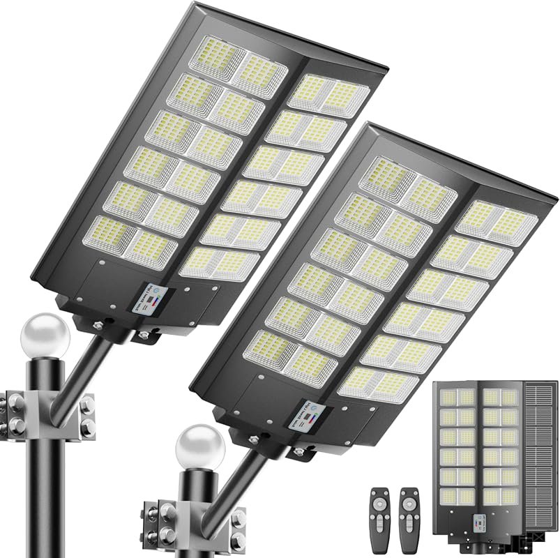 2-Pack 9000W Solar Street Light, 300,000 LM, 7000K, IP67 Waterproof, M