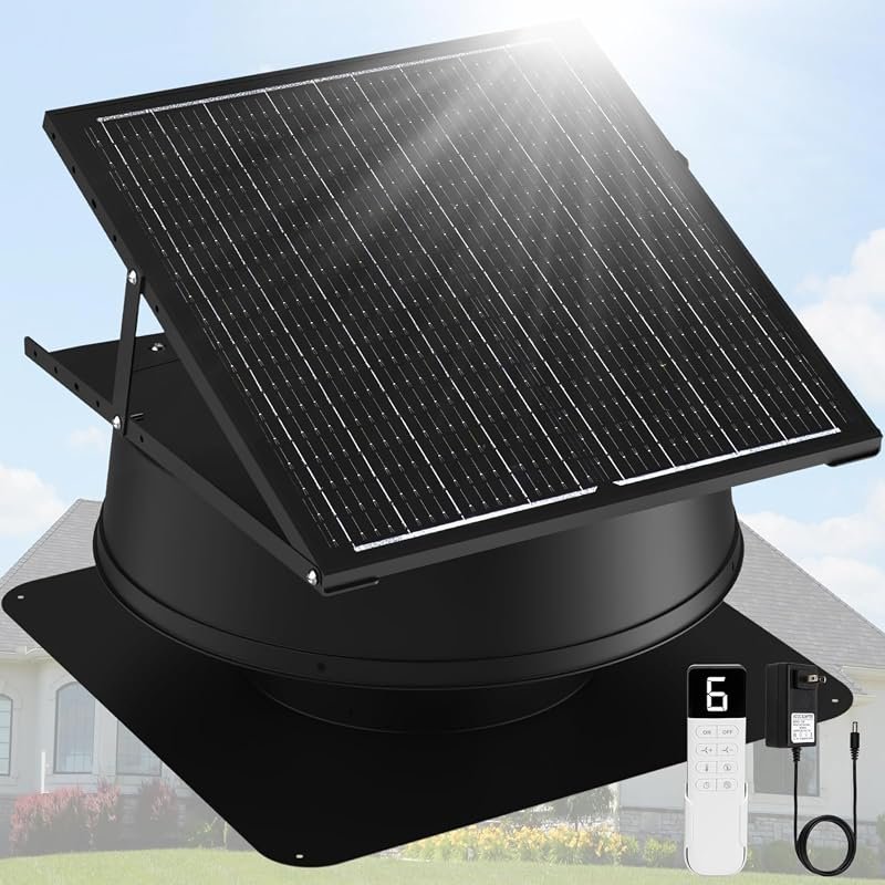 55W Solar Attic Fan with Thermostat, 1300 CFM Hybrid Roof Vent for Roo
