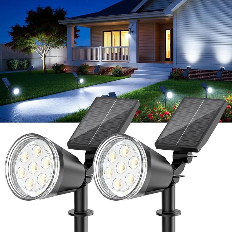 1000LM Cool White Adjustable Solar Spot Light, Waterproof, 2‑in‑1 Brig