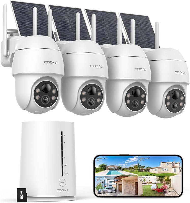 COOAU 2.5K/4MP Solar Security Cameras Wireless Outdoor with 64GB Local Storage, Built-in Battery