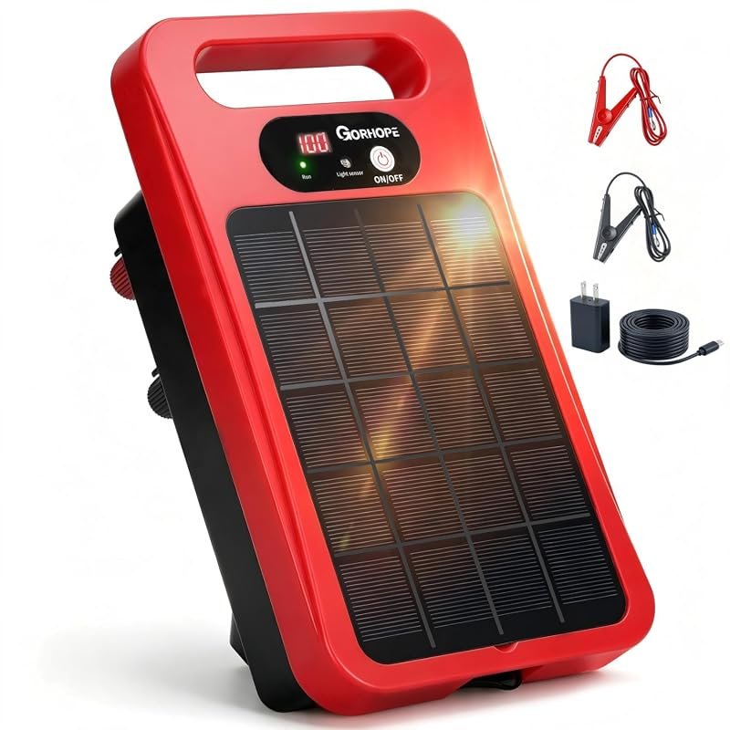 0.32 J Solar Fence Charger with Integrated Panel, 20‑Mile Coverage, Re