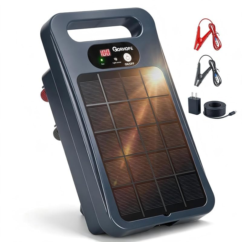 0.32 J Solar Fence Charger, 20‑Mile Range, Smart LCD Display, Grey Fin