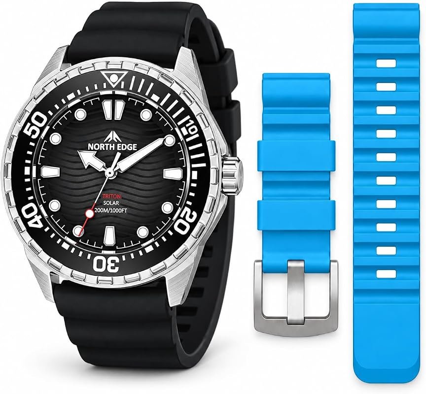 North Edge Triton Solar Dive Watch with Extra 24mm Blue Silicone Strap
