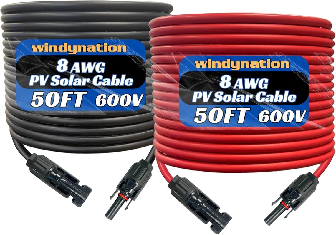 8 AWG PV Solar Panel Extension Cable, 50 ft Black + 50 ft Red with Solar Connectors