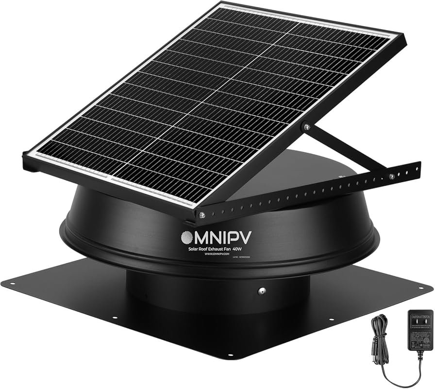 OmniPV Solar Hybrid Attic Fan, 40W, 2100 CFM, AC Adapter, 75°F Thermos
