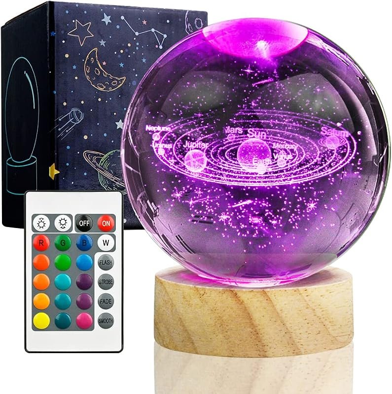 3D Solar System Crystal Ball Night Light with 16-Color LED, Wooden Base, Remote Control