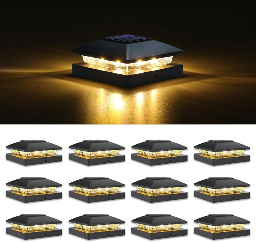VOLISUN 4x4 Solar Post Cap Lights, 12-Pack Black Waterproof Fence Ligh