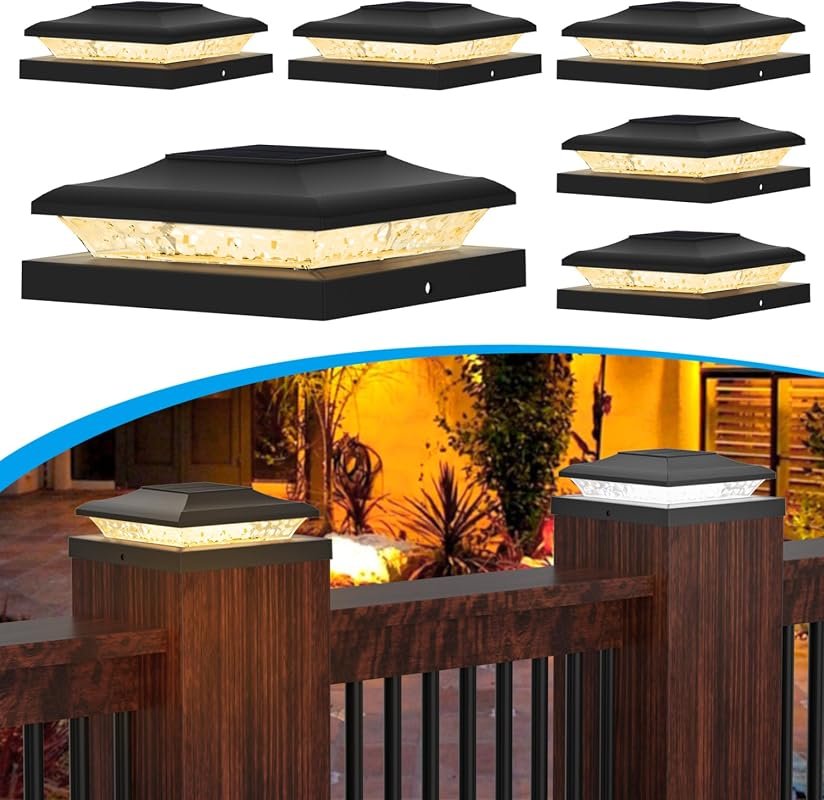 Black Solar Post Cap Lights for 5x5–6x6 Posts, 6-Pack for Outdoor Fence and Deck Use