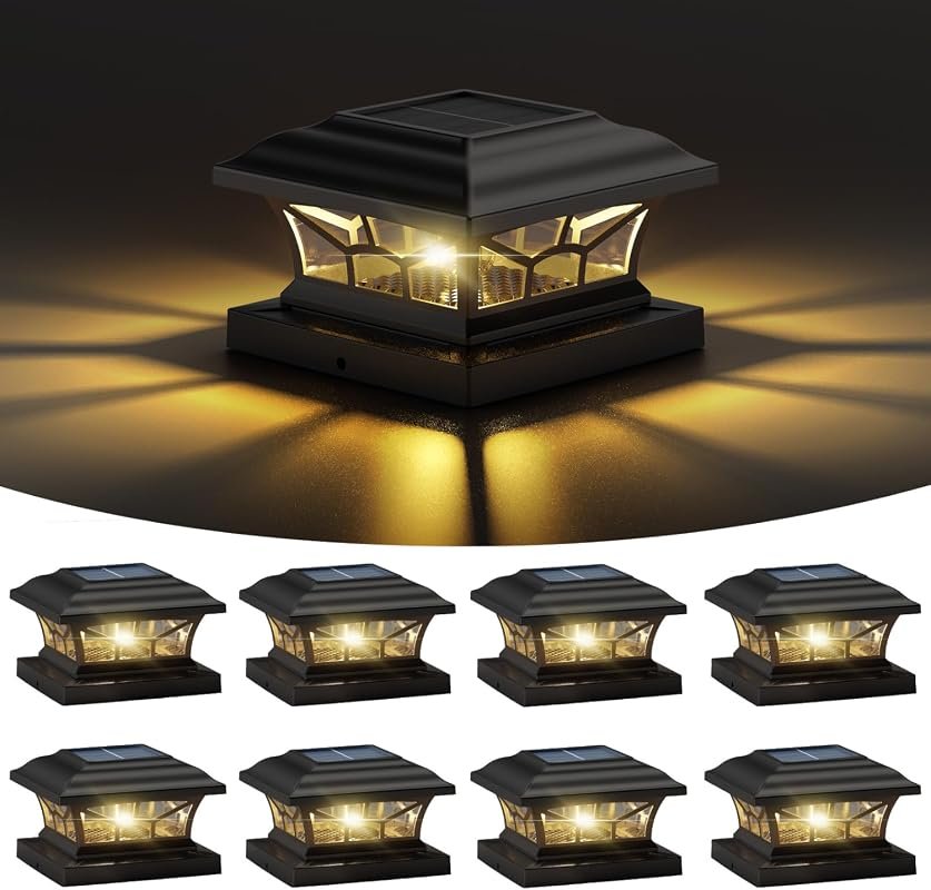 8-Pack Solar Post Cap Lights Waterproof Outdoor, Dual Light Modes, Bla