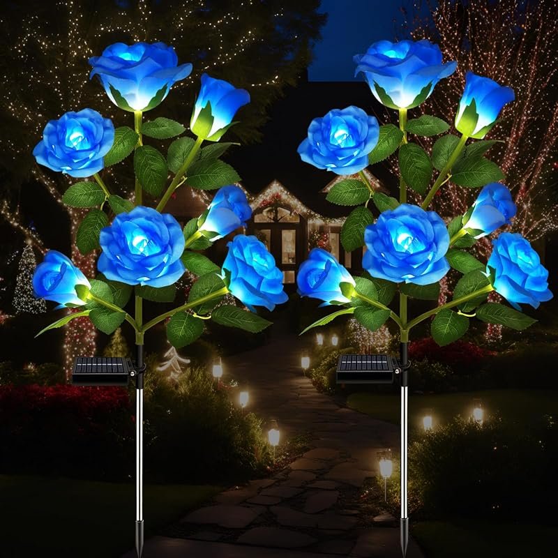 DWH 2-Pack Solar Garden Lights Outdoor, 7-Flower Rose LED Stake Lights