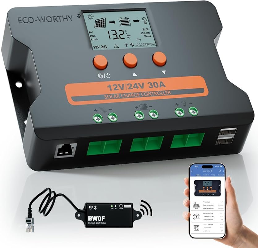 Eco-Worthy PWM Solar Charge Controller, 30A, 12/24V, Bluetooth, Wi-Fi Enabled, Mobile App