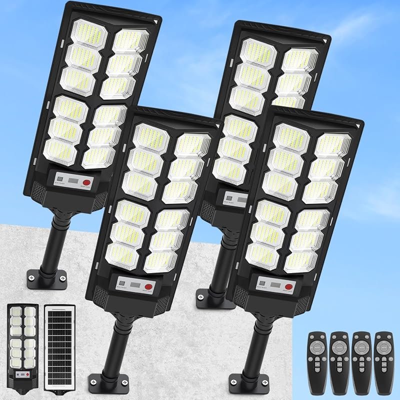 4-Pack Solar Street Lights Outdoor, 13,000LM, 6500K LED Flood Lights w