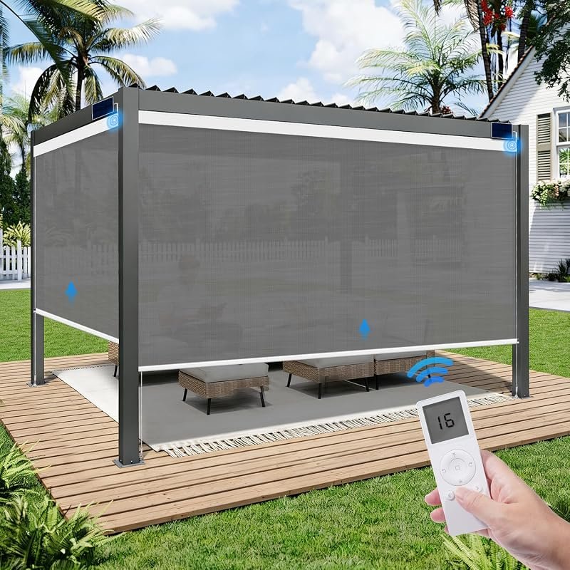 Tokblind Motorized Outdoor Roller Shade, Light-Filtering Solar Shade f