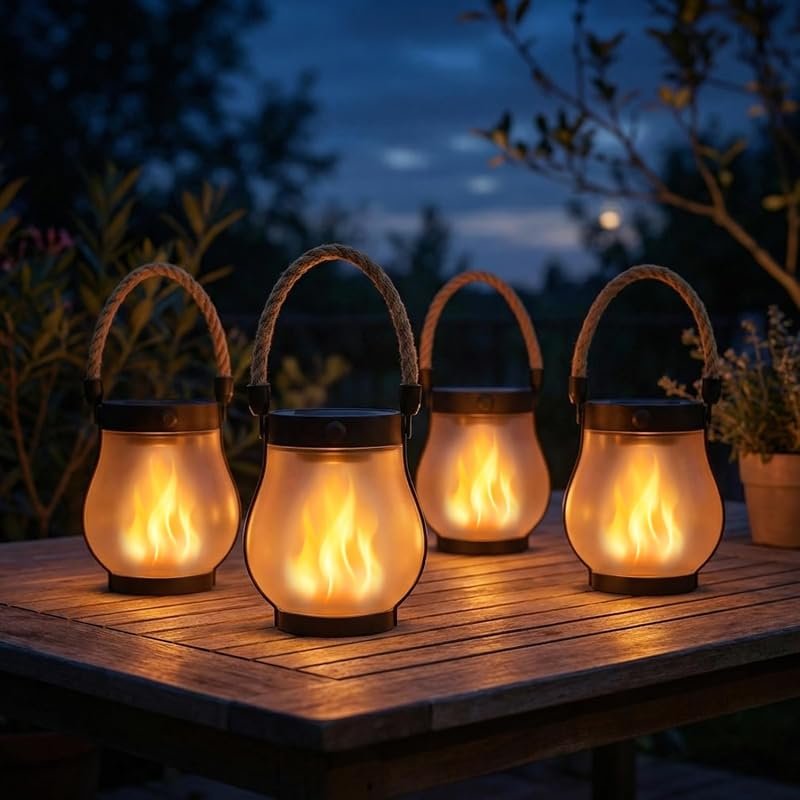 Solar Lanterns Outdoor Waterproof 4-Pack with 2nd-Gen Flickering Flame