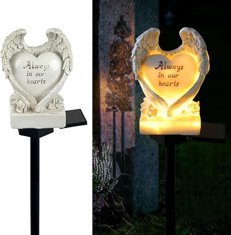 Solar Cemetery Lights for Grave, Always in Our Hearts Angels Statue, W