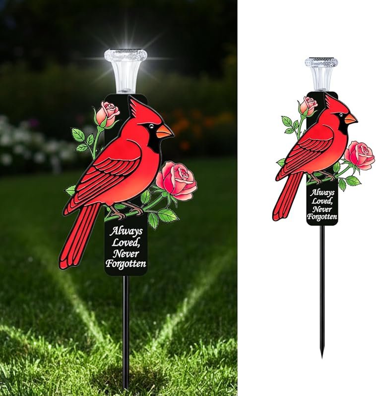 Solar Cardinal Memorial Stakes for Graves, Metal Cemetery Decorations 
