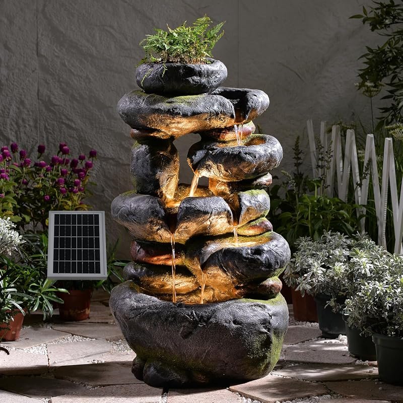 29.5-Inch Tall Rock Solar Water Fountain for Outdoor Garden Features a
