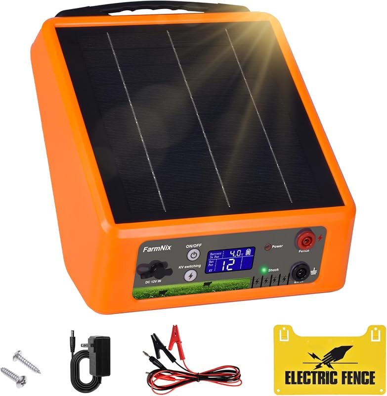 20-Mile Solar Powered Electric Fence Charger, Adjustable 6-12KV Output