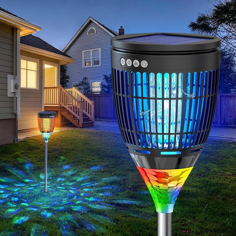 Solar Bug Zapper Outdoor with Flame Light and RGB Projector for Mosquito Control