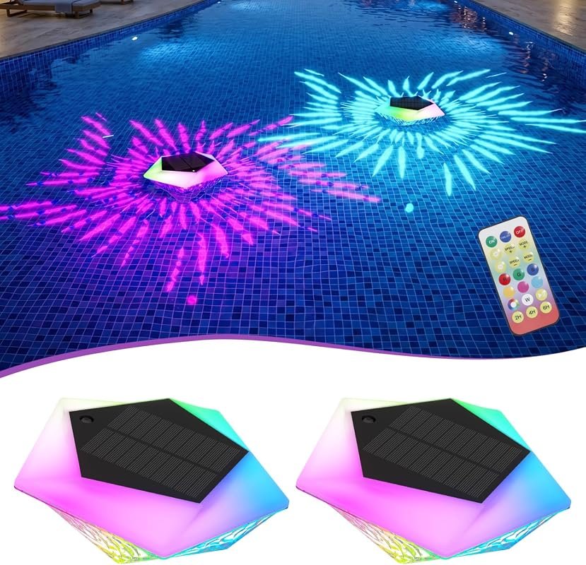 Solar Floating Pool Lights with Remote, 2-Pack, 7.8-Inch, Color-Changing, IP68