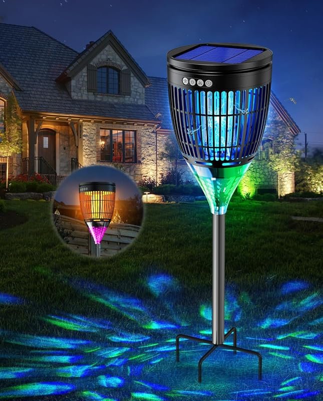 Solar Bug Zapper Outdoor Mosquito Zapper with Flame and Projector Light