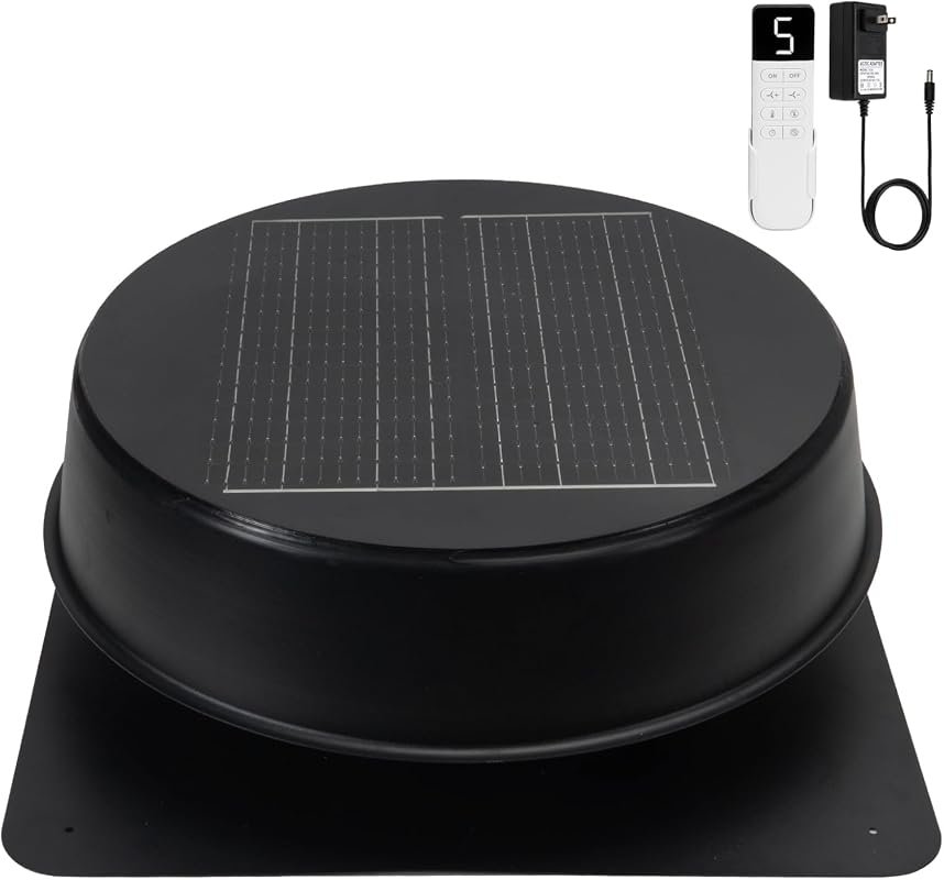 12-inch Solar Attic Fan with Thermostat and Remote, 1200 CFM, 25W panel, AC backup, 24/7 operation