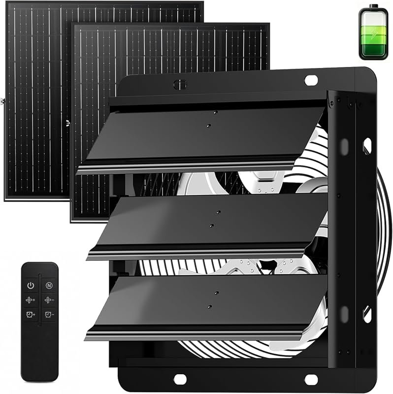 Solar Exhaust Fan with Battery and Dual Solar Panels for Greenhouse an