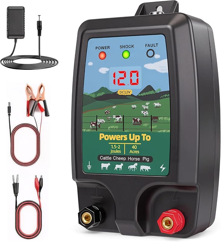 Electric Fence Charger with 12kV Pulse, 15-Mile Range, AC/DC or Solar,