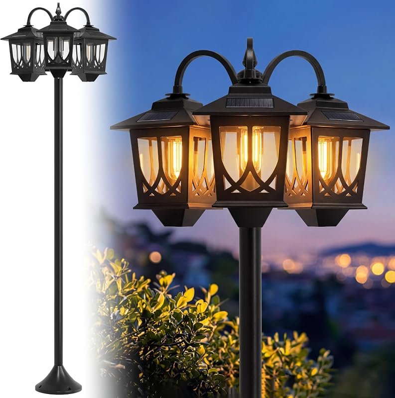 BIMO 3-Head Solar Lamp Post Light, 73-Inch Outdoor Waterproof Post wit