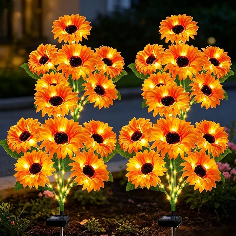 Solar Sunflower Garden Lights — 4-Pack with 24 Sunflower Stakes, Water