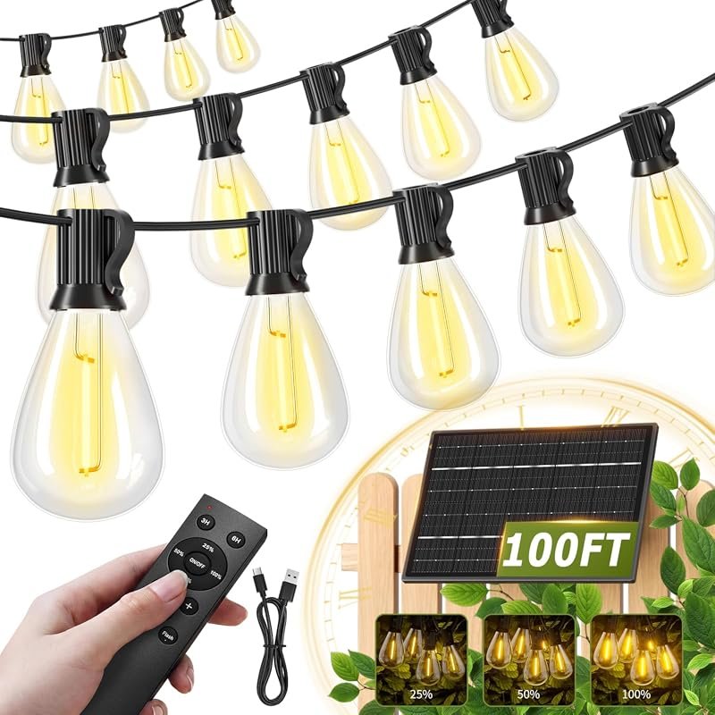 100FT Solar Outdoor String Lights with 36+2 Edison Shatterproof, Water